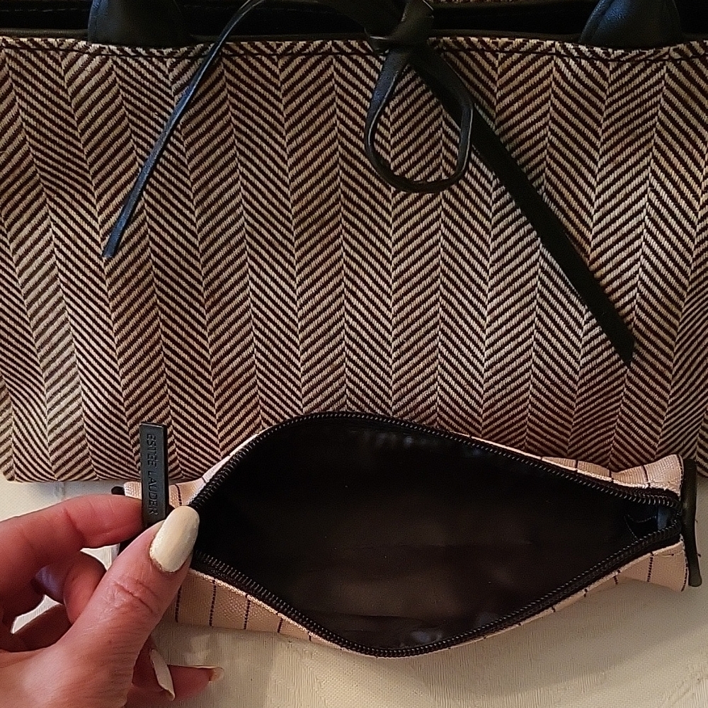 Estee Lauder Beige & Espresso Handbag with Bonus Cosmetic Pouch! - Picture 7 of 11